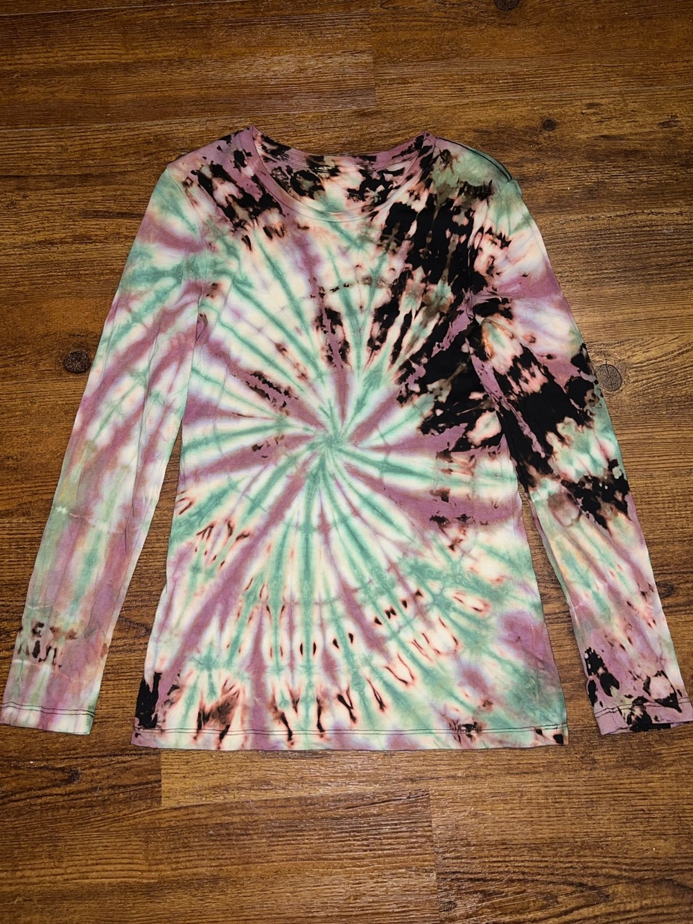 Handmade Tie-Dye Spiral Earthy Black Green Long Sleeve Shirt Boho Grunge Size M